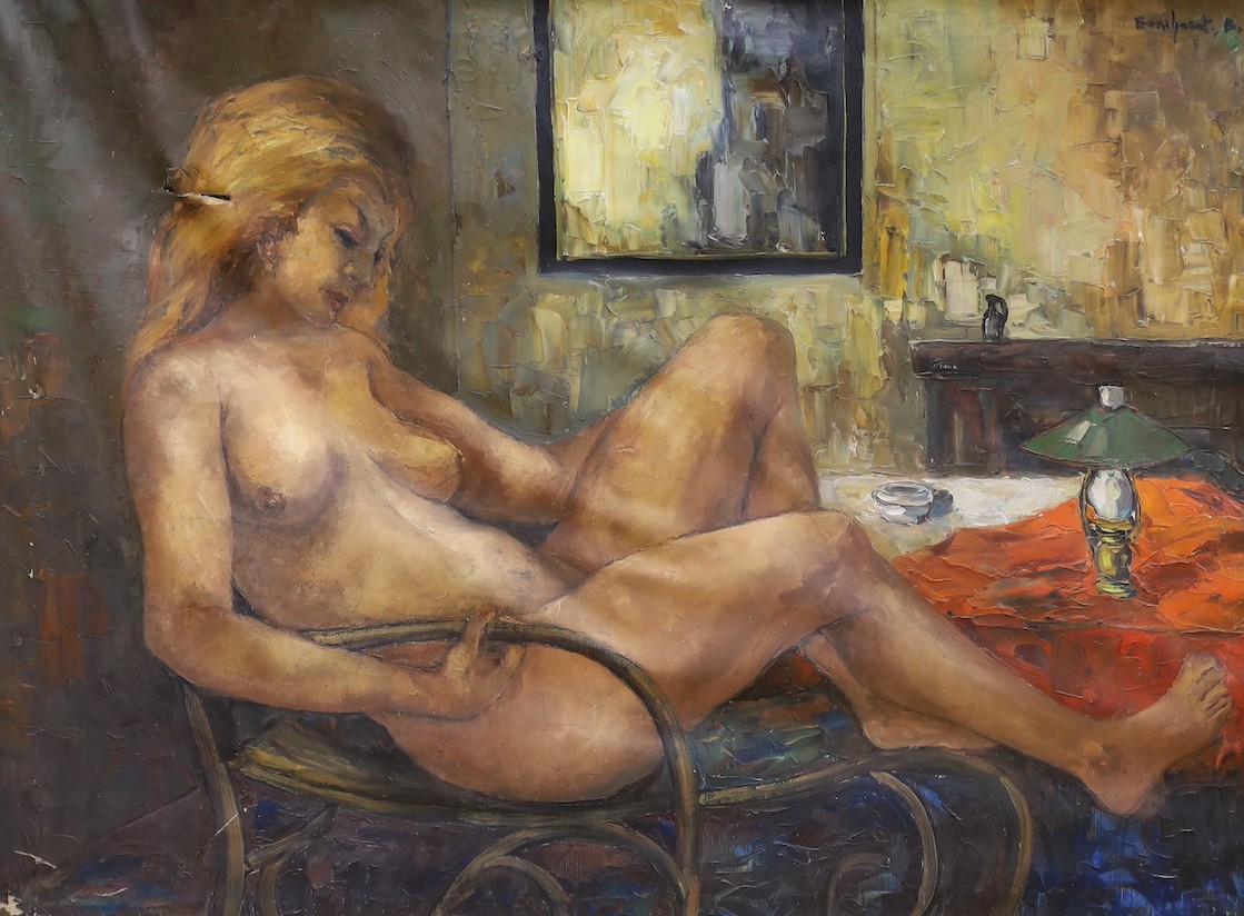 Continental School, oil on canvas, Female nude reclining in a chair, indistinctly signed, 89 x 118cm, unframed